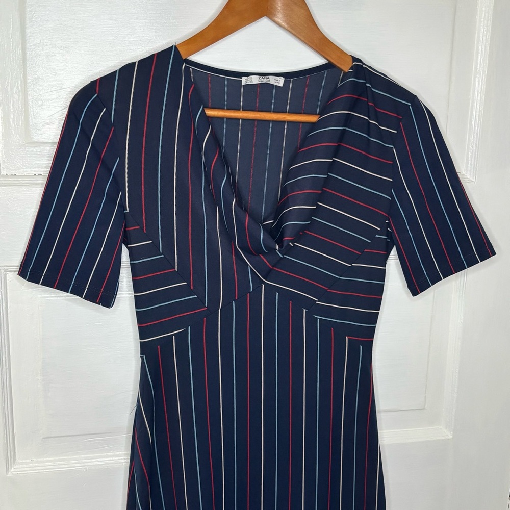 Zara Navy Midi Dress with Red & White Pinstripes